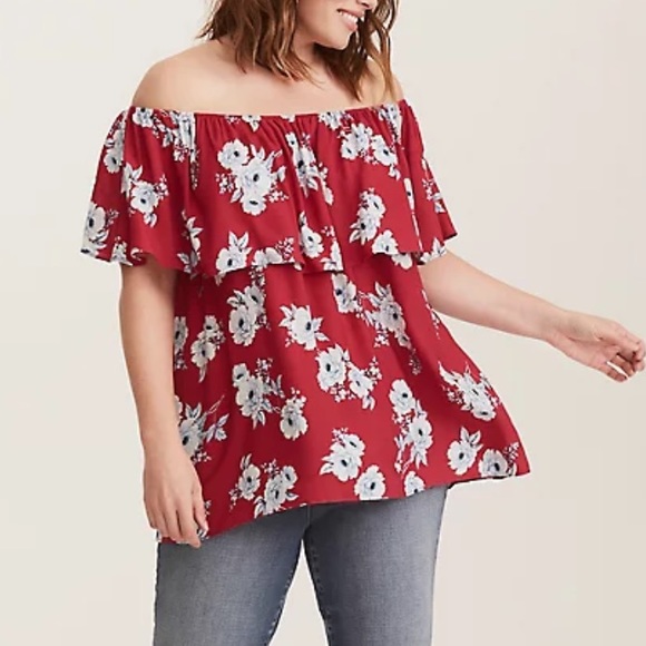 Torrid Red Floral Off the Shoulder Crepe Blouse 3X